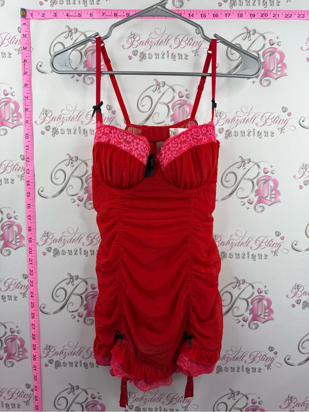 La SENZA babydoll Dress mini lingerie sexy Red Chemise with Pink Lace Accents